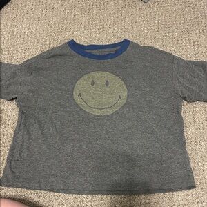 American Eagle Outfitters Gray Crop Top with Yellow-Green Smiley and Blue Trim